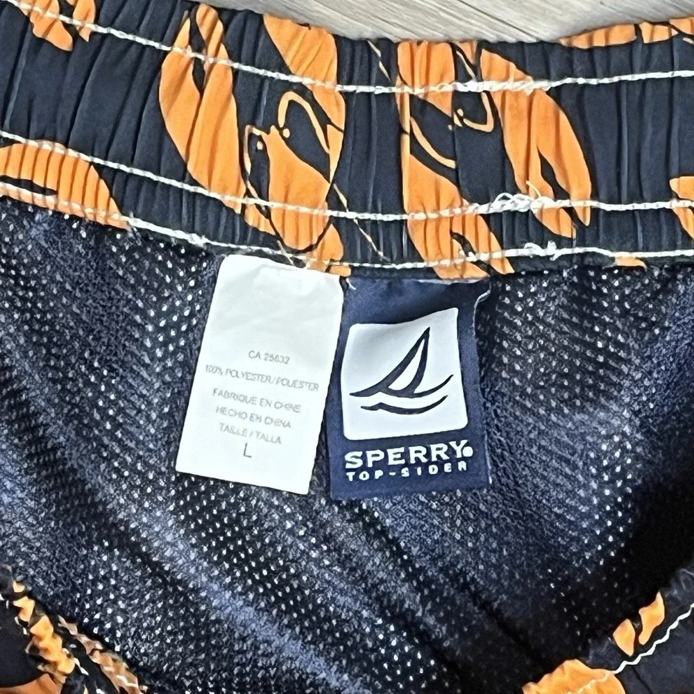 Sperry Men's Swim Trunks Navy Orange Lobster-Pockets-Stripes Large 5